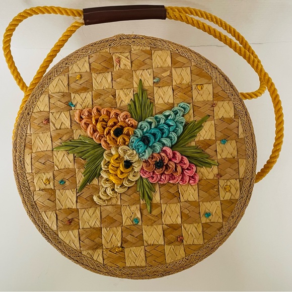 Vintage Mid Century Woven Straw Raffia Tropical Purse Beach Tote Picnic Basket - Picture 3 of 9